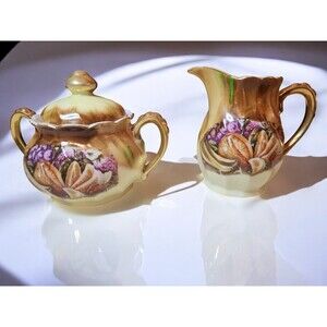 Vintage Japan Lusterware Creamer & Sugar Bowl Set – Fruit Design Gold Trim – MCM